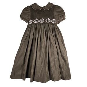 Luli & Me Silk Smocked Dress 3T Peter Pan Collar Puff Sleeve Holiday Heirloom